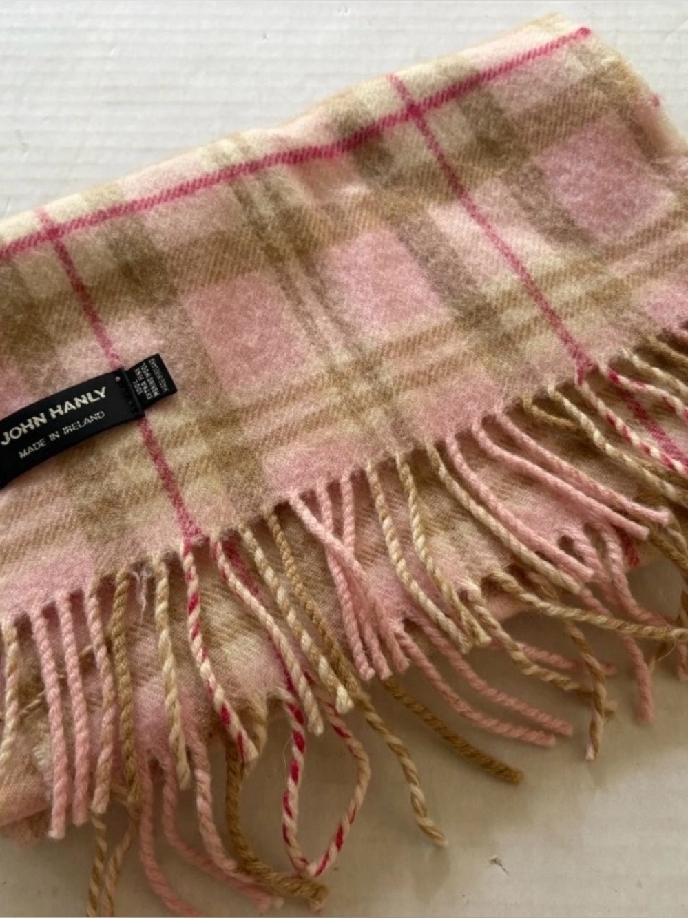 JOHN HANLY Made in Ireland Pink & Tan Tartan Plaid 100% Merino Wool Scarf